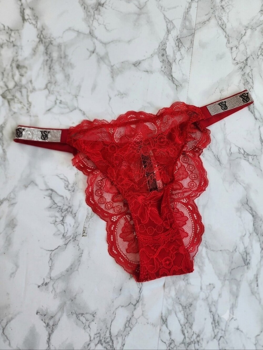 Victoria Secret Shine Chain Strap Lace Brazilian Panty Red L